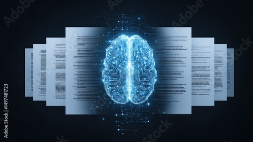 Artificial intelligence brain processing digital documents representing data analysis and smart learning