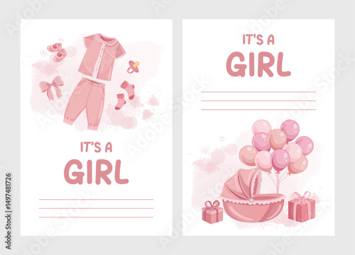 Pink greeting card congratulations for new born girl with baby stroller presents clothes