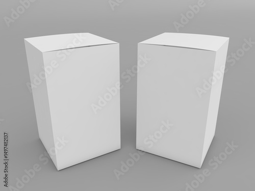 Two plain white display pedestals positioned side by side in a minimalist setting for product showcasing at a gallery
