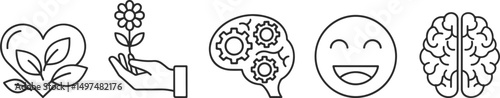 Set of simple and minimalistic mental health icons, in the form of a smiley, brain, heart, flower and leaf, black line.