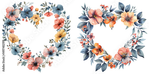love shape flowers border watercolor vector illustration