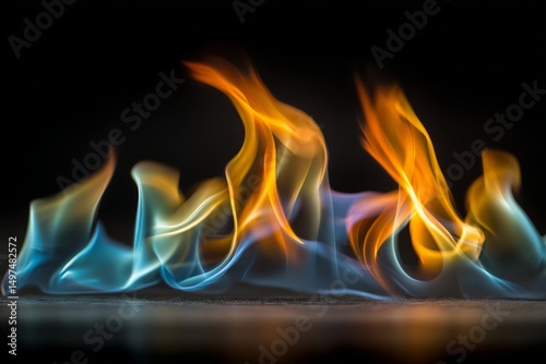Flames dance in vibrant hues creating a mesmerizing display of fire and color in darkness