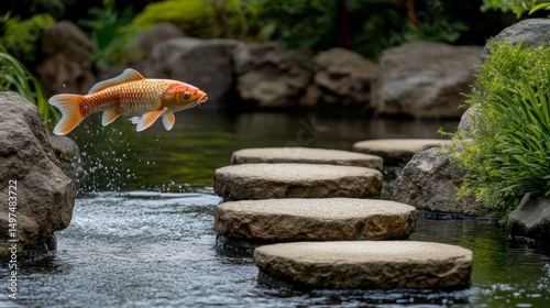 A serene pond scene features koi fish swimming above stepping stones photo