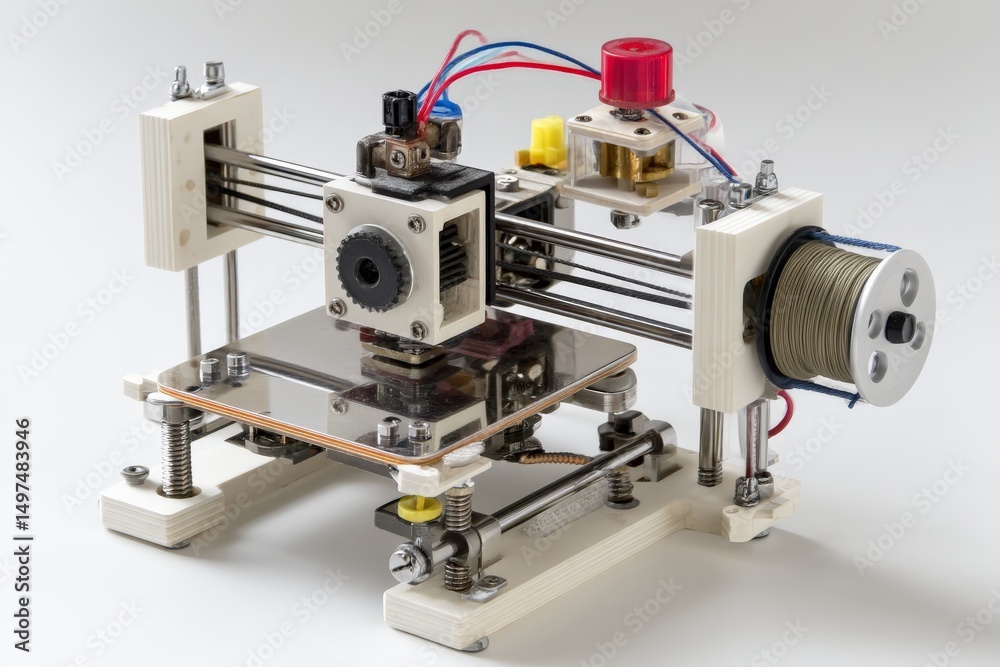 Fototapeta premium Small 3D printer with multiple components ready for precise printing in a workshop setting