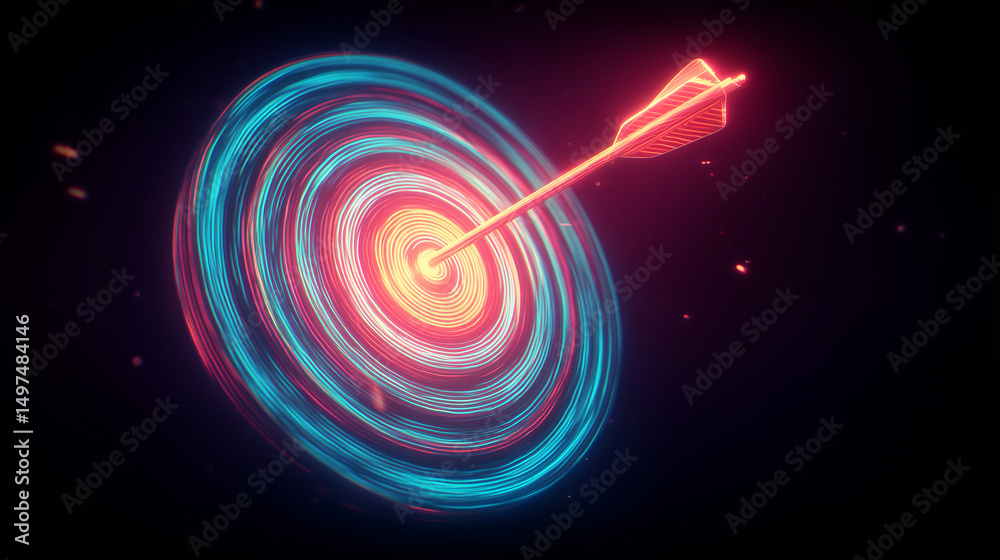 Fototapeta premium abstract glowing target with arrow hitting center – ideal for business goals, marketing strategy, precision, or motivational visuals in presentations and web design 