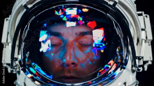 Astronaut Close-Up Inside Helmet – Sci-Fi Loop Animation with Reflective Visor and Color Light Streaks | 4K Cinematic Space
