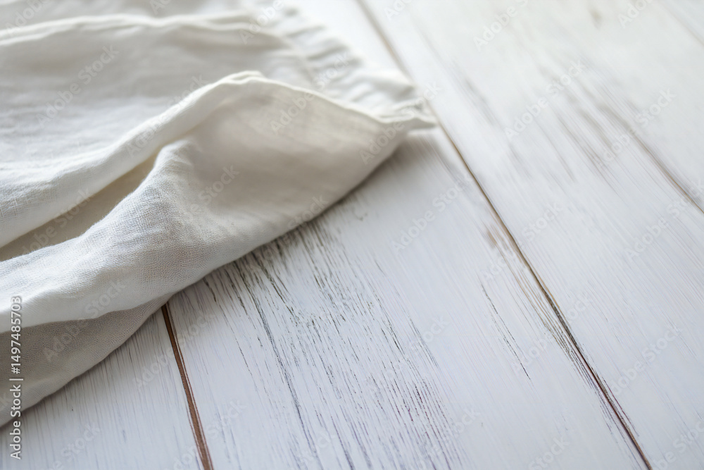 Obraz premium A close-up of a soft, white linen fabric draped over a rustic wooden surface. The texture of the fabric contrasts with the weathered wood, creating a serene and minimalist aesthetic.