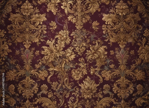 Opulent damask floral wallpaper, rich jewel tones, intricate gold accents, decoration, fabric