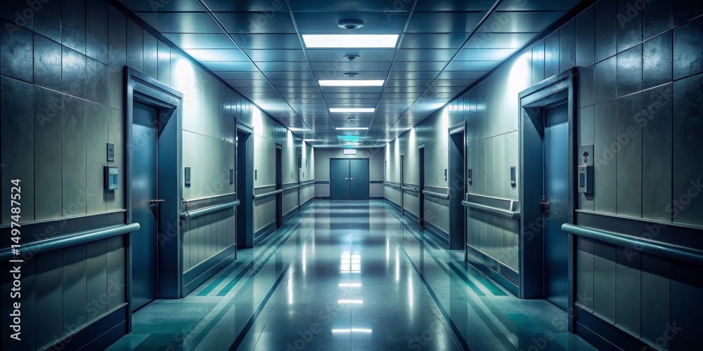 Fototapeta premium Empty Hospital Corridor,Wide Shot, Interior, Hospital, Corridor, Architecture, Empty
