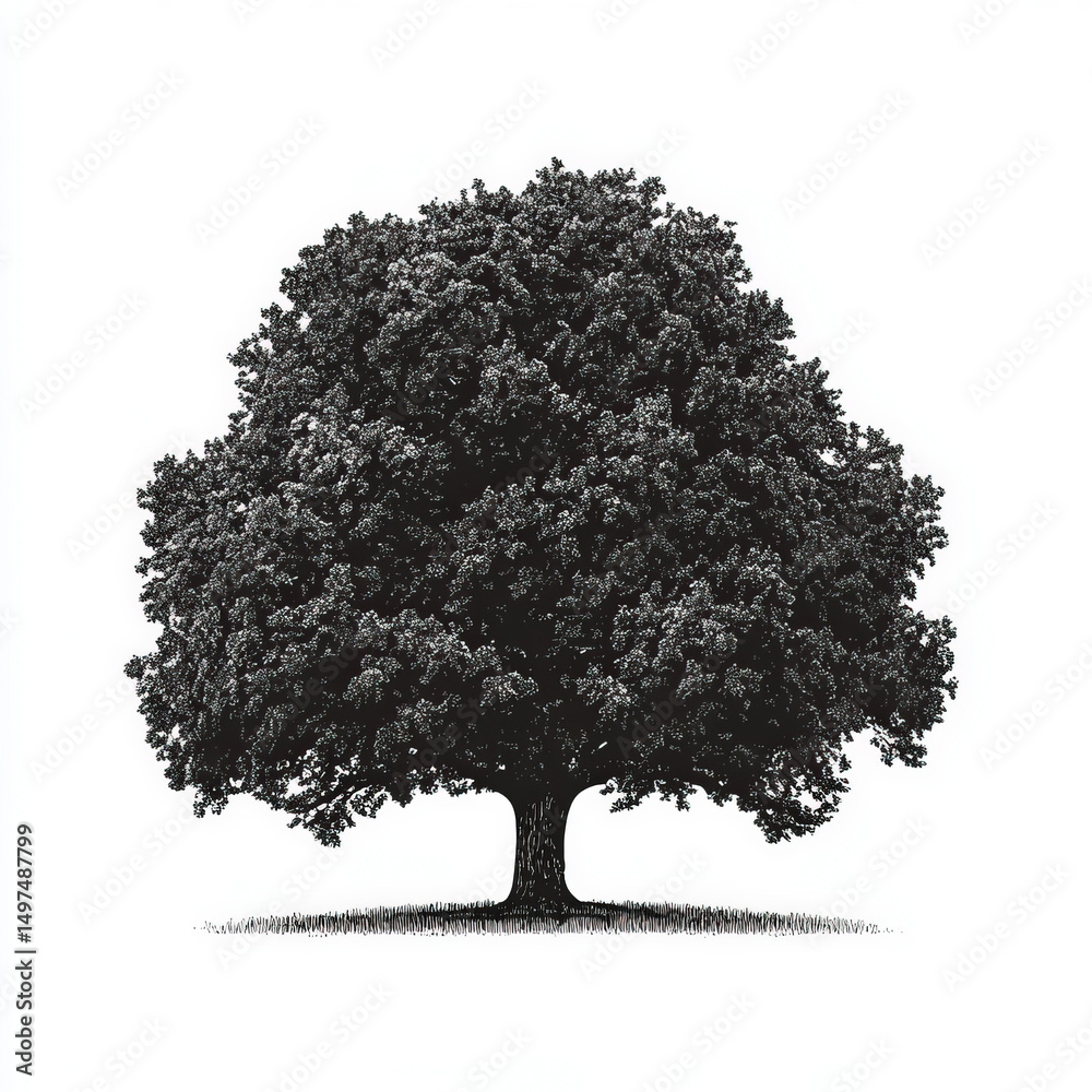 Fototapeta premium oak tree silhouette , black and white illustration isolated on white background