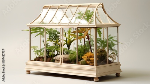 A light-filled glass conservatory model with botanical elements visible, isolated on a cream-colored surface. photo