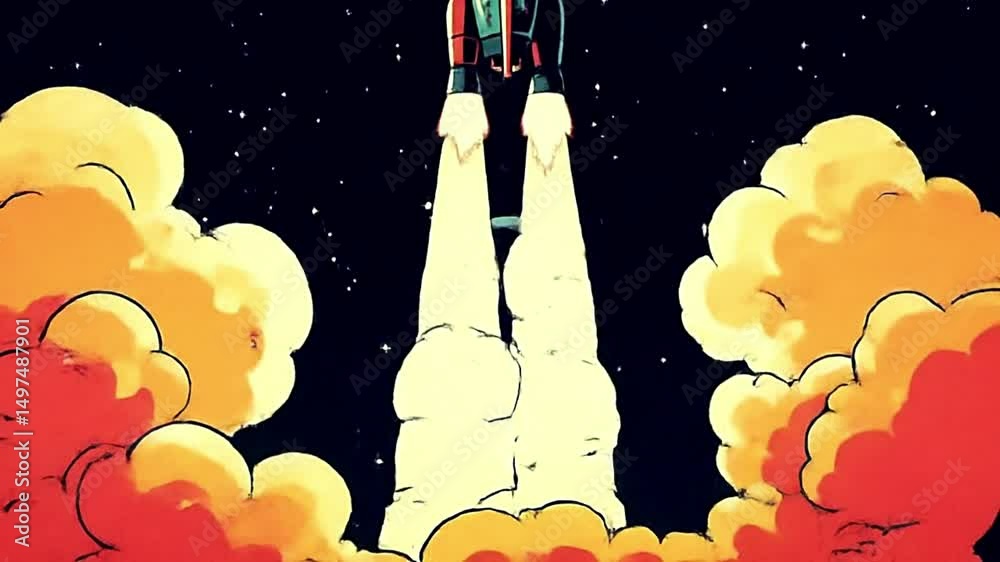 Retro cartoon rocket launch animation in 4K with alpha channel. Vintage space shuttle blasting off into space with smoke trail. video for motion graphics and VFX