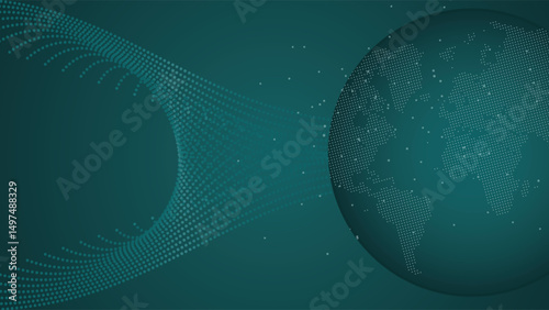 Abstract digital world background featuring a dotted globe and global data flow concept in a modern tech style