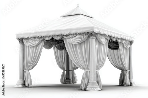 Elegant white gazebo with draped fabric and decorative trim in a serene outdoor setting