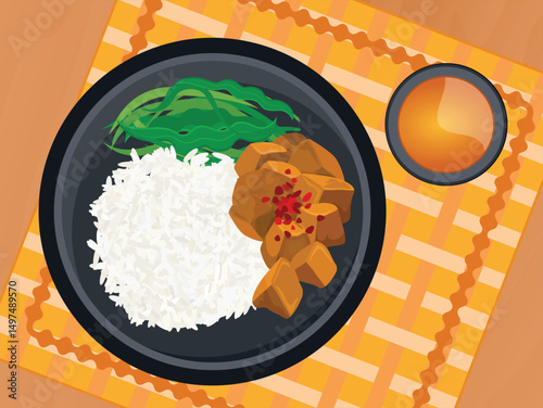Rice with meat and seaweed salad on a plate top view vector illustration. Chopped meat with rice and cup of tea on a wooden table above view vector. Asian food on the table drawing