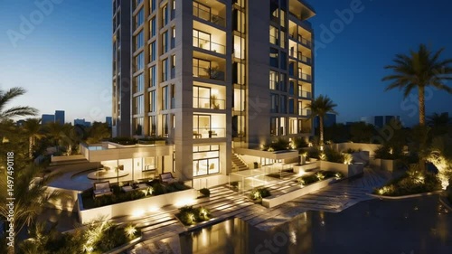 Modern luxury apartment building illuminated at night, ideal for real estate, urban living, city development, architecture, and high-end residential concepts. Elegant design.