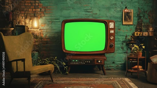 Nostalgic Living Room with Vintage Television Featuring Green Screen Technology