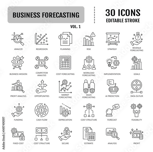 Business forecasting icons. Containing data modeling, predictions, analytics, revenue strategy, market performance and more. Vector illustration