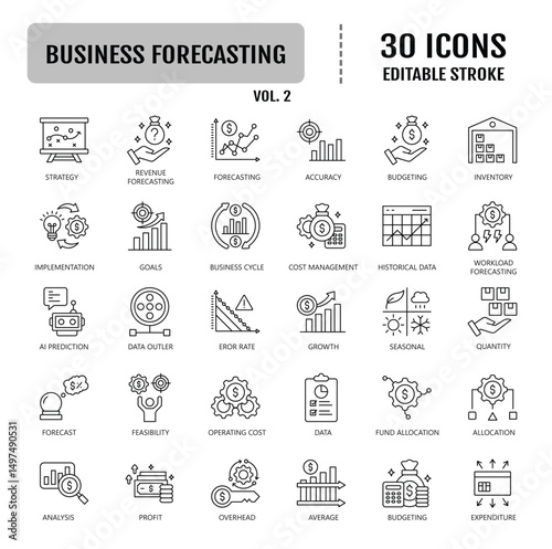 Business forecasting icons. Containing data modeling, predictions, analytics, revenue strategy, market performance and more. Vector illustration