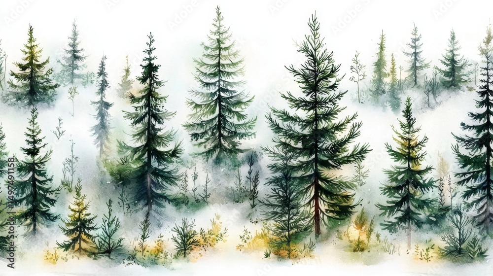 Obraz premium Hand-drawn watercolor pattern featuring pine trees and spruces.