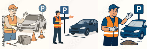 Collection of Male parking attendant directing cars in parking area, wearing reflective vest style vector flat design