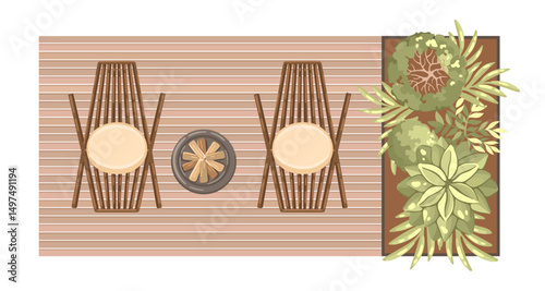 Top view of wooden patio furniture set. Entourage design for architectural floor plans. Vector.