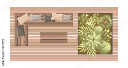 Top view of wooden patio furniture set. Entourage design for architectural floor plans. Vector.