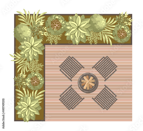 Top view of wooden patio furniture set. Entourage design for architectural floor plans. Vector.