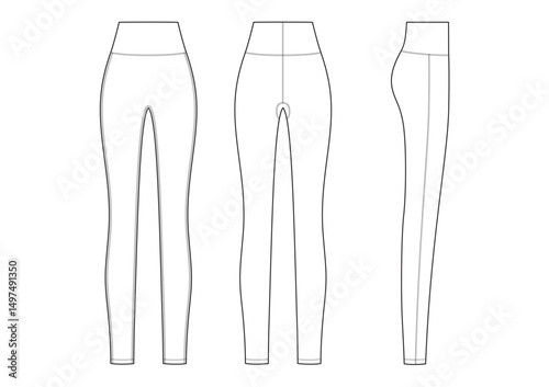 Vector fashion technical drawing of a leggings with front, back and side view. Lock stitch details. Polyester fabric.