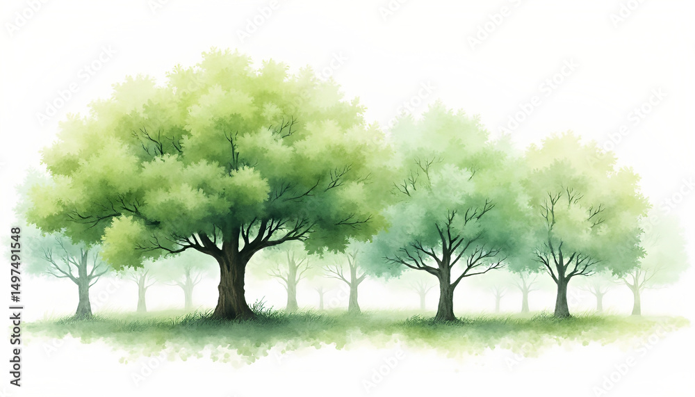 Fototapeta premium Vector watercolor green tree or forest side view isolated on white background for landscape and architecture drawing, elements.