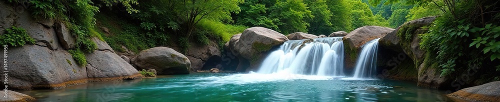 Obraz premium Serene cascading waterfall flowing into a crystal-clear creek, surrounded by lush green vegetation and smooth rocks Perfect for nature, travel, and environmental themes , environment, plants