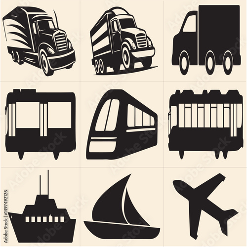 All kind of transportation vector icon Black and white set-1