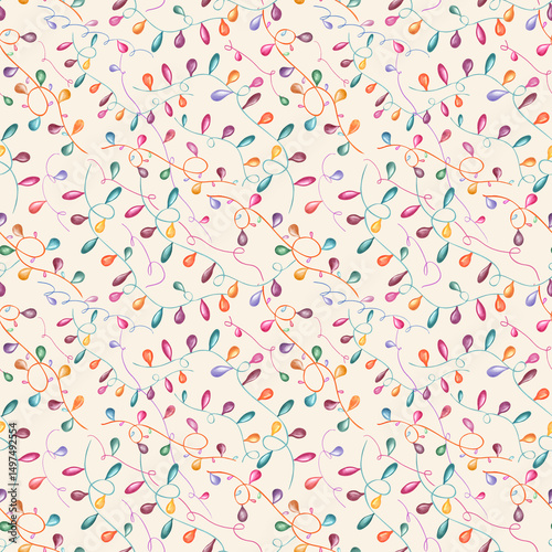 Watercolor decorative colorful lamp garland seamless pattern on beige background. Holiday intertwining waving ribbon with lights. Illustration for festivals celebrations, birthday textile decor