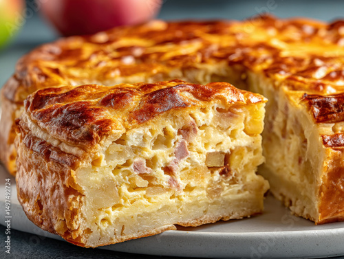 Classic dessert with baked apple and rhubarb filling photo