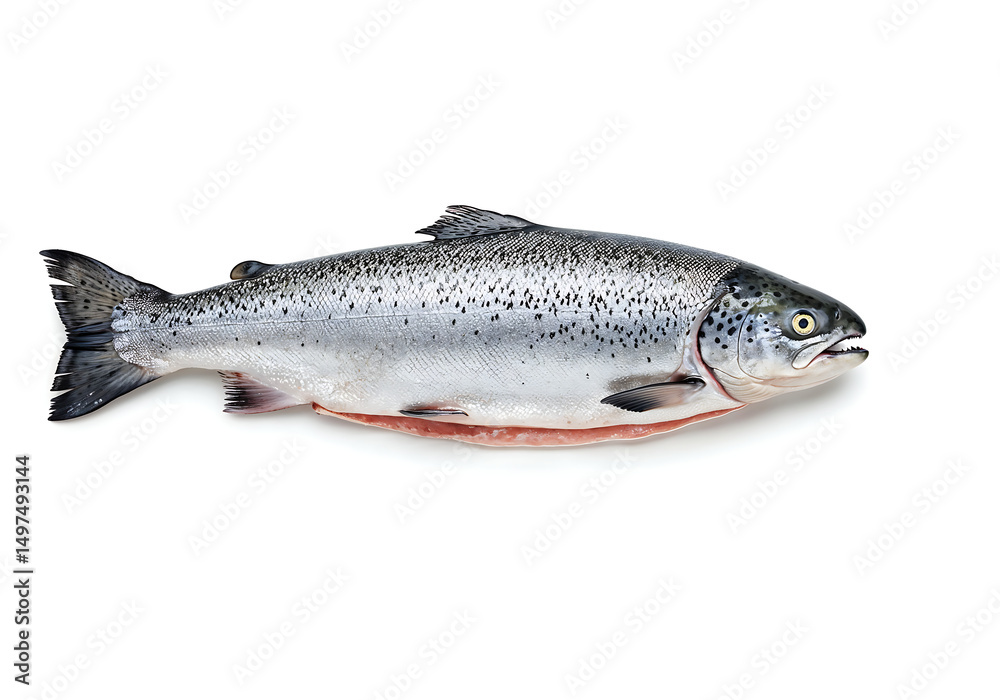Naklejka premium Hyper-Realistic Atlantic Salmon on White Background – Fresh Raw Fish in Studio Lighting for Food Photography