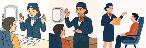 Collection of female flight attendants giving safety instructions, wearing airline uniforms in vector flat design style