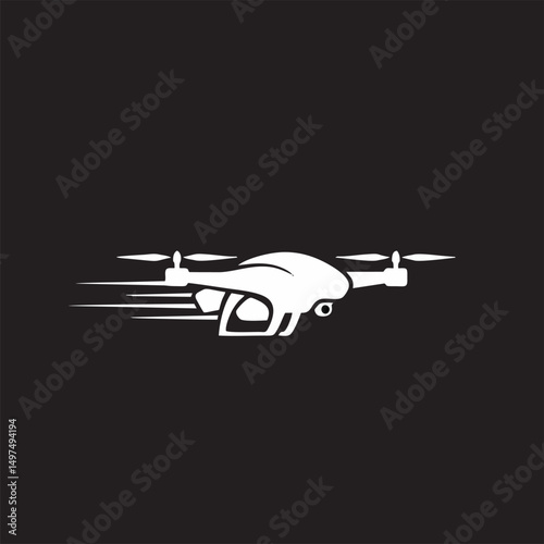 Racing drone logo. Fast Drone Minimalist Icon – Modern Flying Drone Logo in Black and White Silhouette