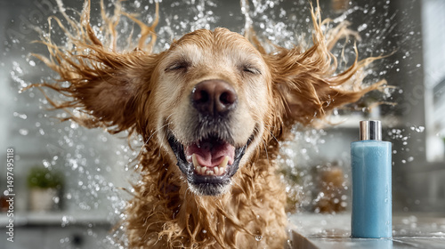 Joyful golden retriever vigorously shaking its head