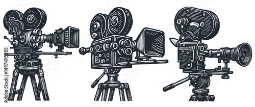 Vector set of three detailed vintage movie cameras on tripods. Retro engraving style, perfect for cinema or film-themed designs.
