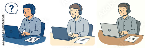 Collection of male customer service helping customer via laptop, wearing headset and grey shirt style vector flat design