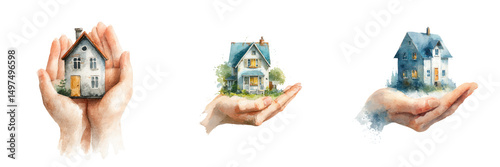 Hands holding beautiful houses in watercolor style art