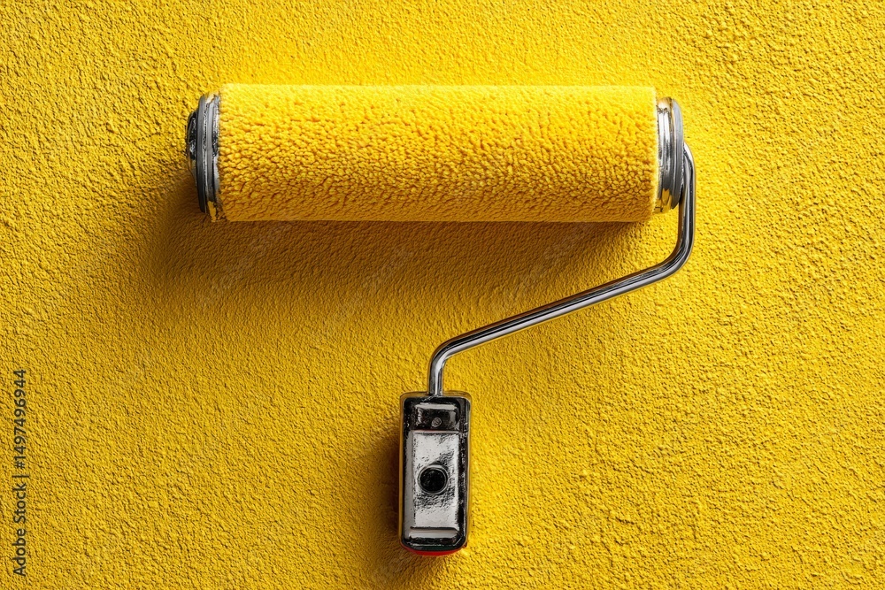 Fototapeta premium Bright yellow paint roller against a textured wall ready for painting