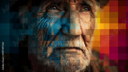 concept of digital immortality with pixelated elderly face rendered from data