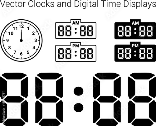A comprehensive set of time display elements including a classic analog clock with hands, digital time displays with AM/PM indicators. Vector illustration.