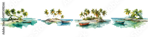 Serene tropical island landscape with boats and lush greenery
