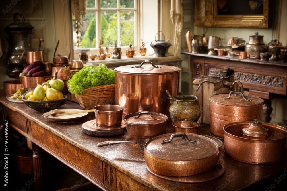 Fototapeta premium Copper cookware and fresh produce arranged on rustic wooden table in a well-lit kitchen