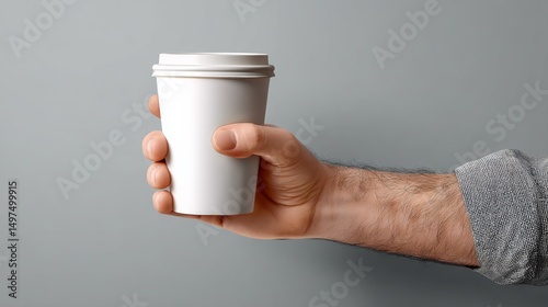 Man is holding a white paper cup. The cup is empty and has a lid on it. The man is holding the cup in his hand, and the image conveys a sense of casualness and simplicity