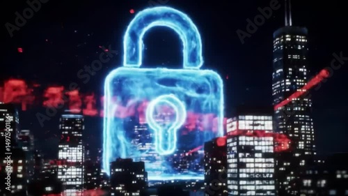 Wallpaper Mural A glowing digital lock appears over a vibrant city skyline at night, casting a blue light that contrasts with the dark surroundings. The futuristic design captures the imagination. Torontodigital.ca