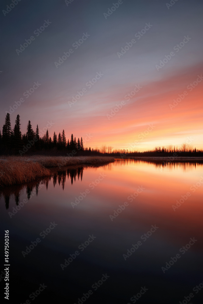 Fototapeta premium breathtaking sunset over serene lake in manitoba with ultrabright colors reflecting on water