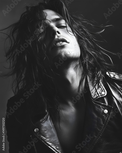 Dramatic black and white portrait of a young man with long hair and intense expression, wearing a leather jacket in a moody studio setting.